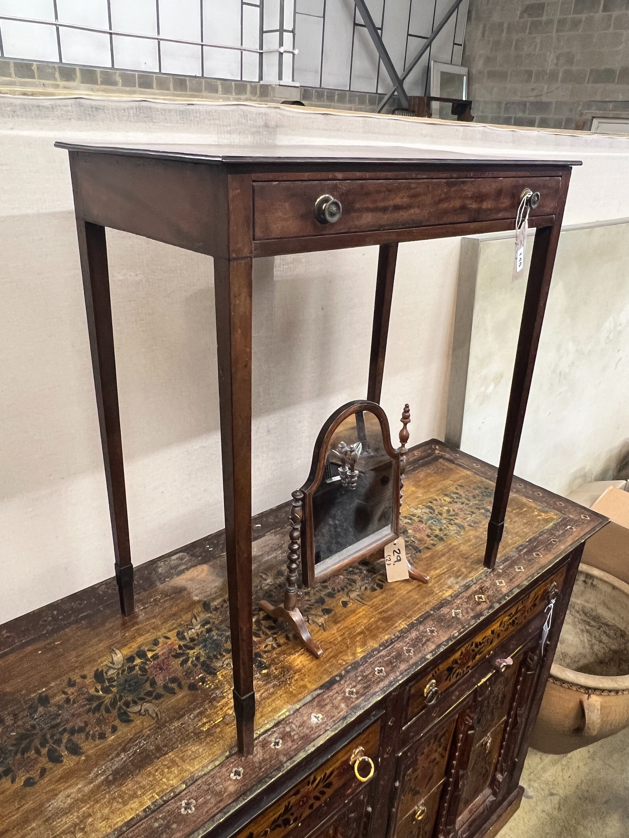 A George III mahogany side table, width 64cm, depth 36cm, height 75cm and a Victorian bobbin turned mahogany toilet mirror